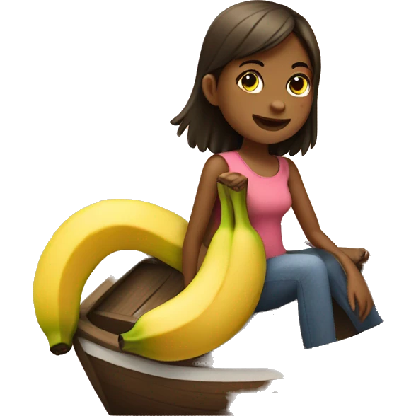 Girl sitting on a boat that is a banana emoji