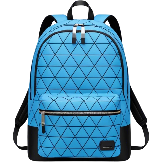 A stylish cute school backpack, medium-sized, with a modern design in blue and black. It features a geometric pattern of subtle triangles across the front pocket, giving it a sleek yet dynamic look, front view emoji