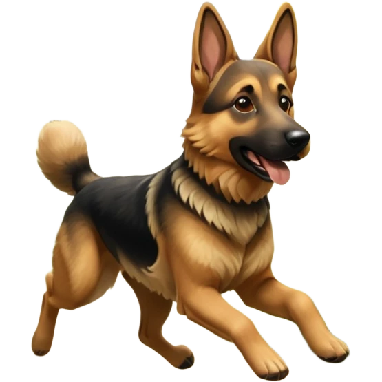 A German Shepherd running through a forest trail, showing strength and motion. Sunlight filtering through trees, dynamic action shot, detailed fur texture. emoji