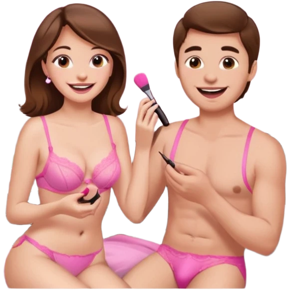 brown hair male getting sissified in pink lingerie dress by his wife. the wife is crying with laughter. she is doing makeup emoji