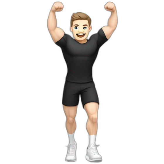 Joyful Celebrating victory Pale skinned Fit Man With the biceps and dark brown hair in black shirt, gray sports shorts and white Sneakers emoji