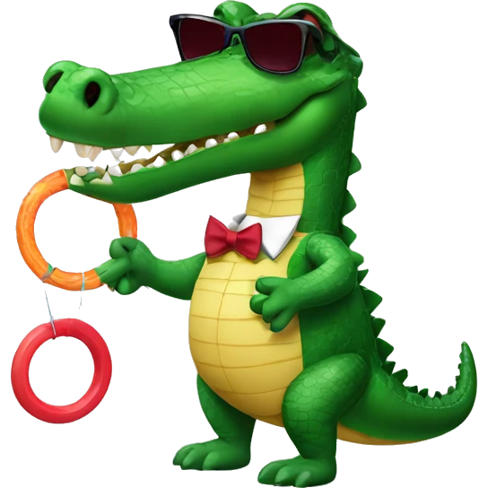 A crocodile with hula hoop, sunglasses, and a bowtie emoji