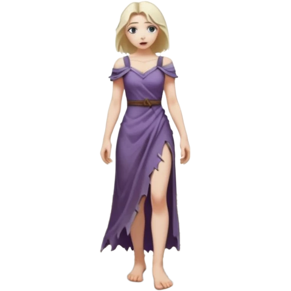 Female figure standing barefoot in ruined cathedral, dress slipping from shoulder emoji
