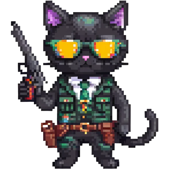 black cat with sunglasses and a gun emoji