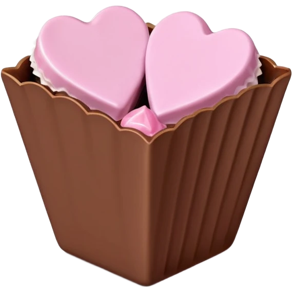 Two square milk chocolate , Each praline is a sharp-edged cube with smooth glossy chocolate coating, placed in a small white fluted paper candy cup. On top of each cube is a flat pastel pink heart-shaped icing emoji