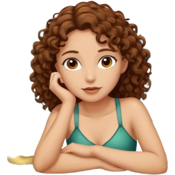 Sexy brown eyes, brown curly hair, white ethnicity half syren resting at shore of a lake in the forest emoji