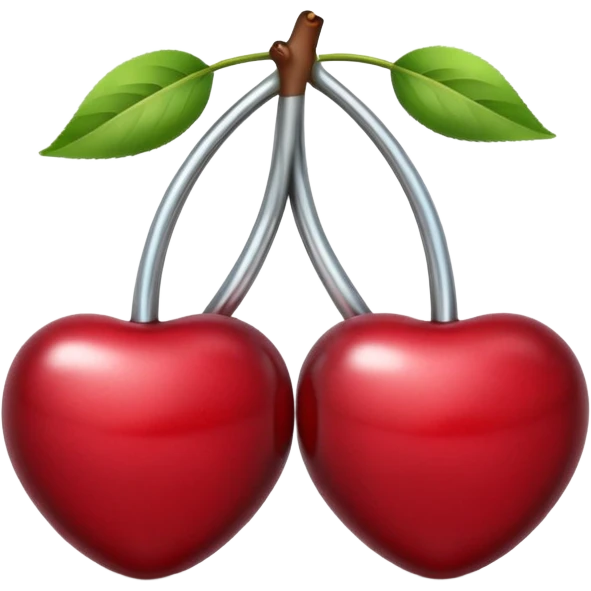 A pair of cherries emoji made of polished silver chrome, smooth rounded shapes, glossy metallic finish, soft highlights and reflections, cute proportions, iOS emoji style, centered, clean white background, no text emoji