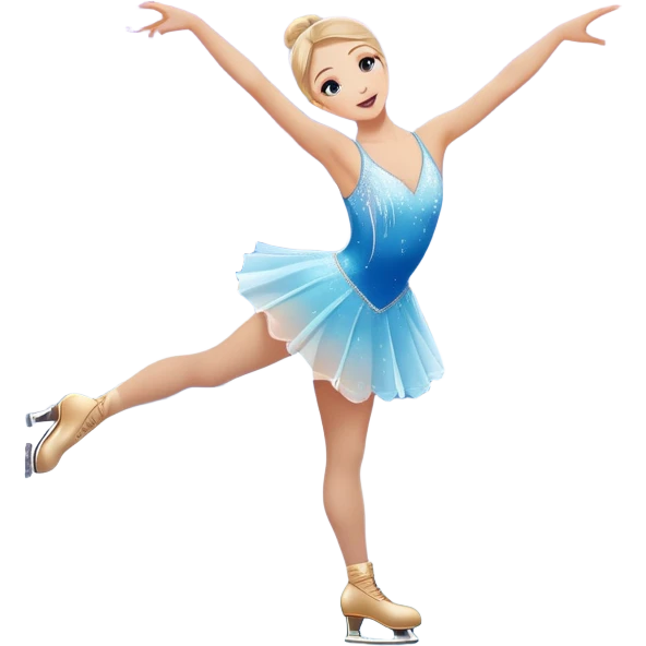 An icon featuring a graceful figure skater performing a spin on a sparkling ice rink. The scene includes a shimmering rink, colorful spotlights, snowflakes gently falling from the sky, and an audience in the stands, with a snowy landscape visible through large windows. Transparent background. emoji