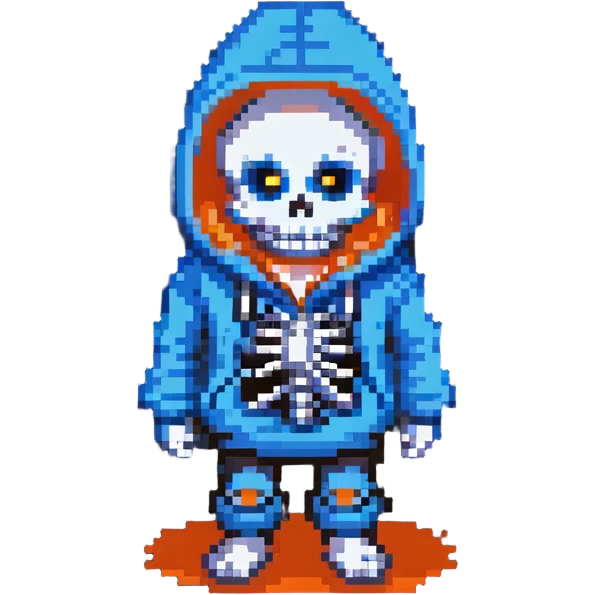 Sans from Undertale with glowing blue eye, skeleton with permanent grin, wearing blue hoodie emoji