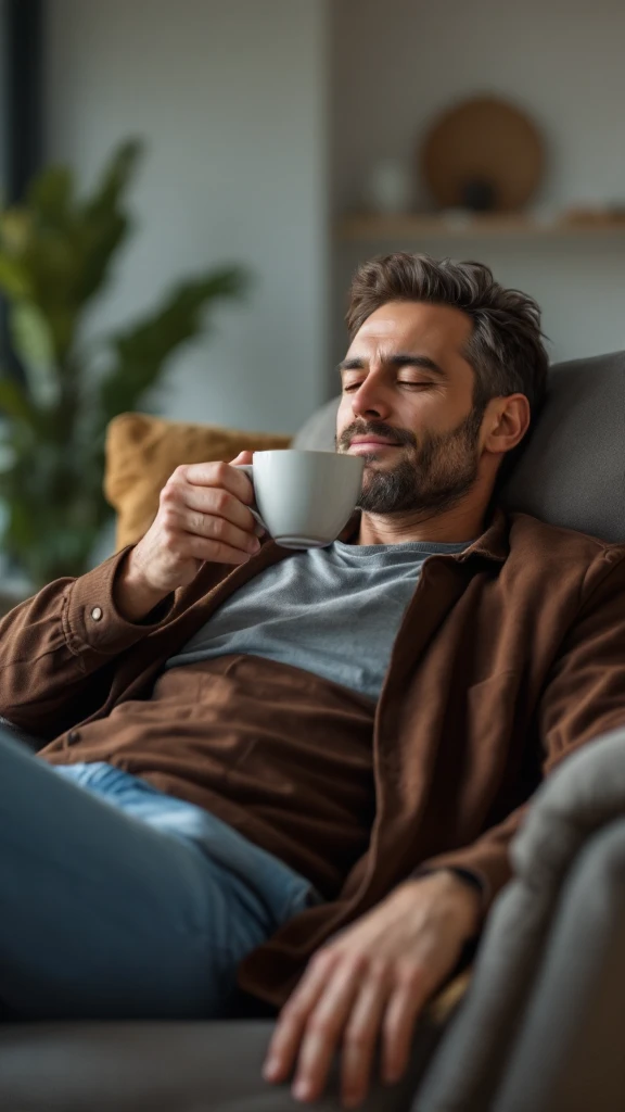 Uomo adulto in abiti casual in un ambiente domestico o ufficio tranquillo, mentre beve un caffè espresso con espressione consapevole. Subito dopo, si sdraia su un divano per un breve riposo di 20 minuti, occhi chiusi, posizione rilassata.  emoji