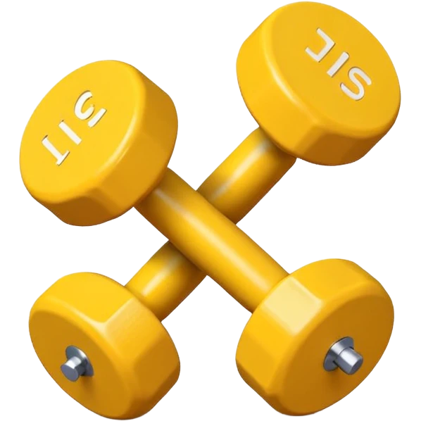 Generate a high-quality image of two cute, small yellow dumbbells for home workouts stacked in a cross shape on a plain white background, roun
 emoji