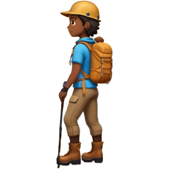 A 3D cartoon hiker silhouette standing on a rocky path at sunset, warm golden light, Memoji-style rendering. inside photo frame. emoji