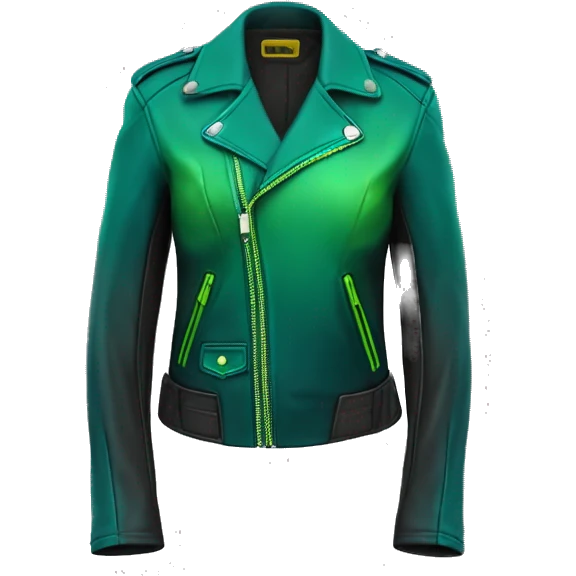 Realistic isolated side view of a dark teal,lime green,mint green and emerald green ombre moto style fashion leather jacket. emoji