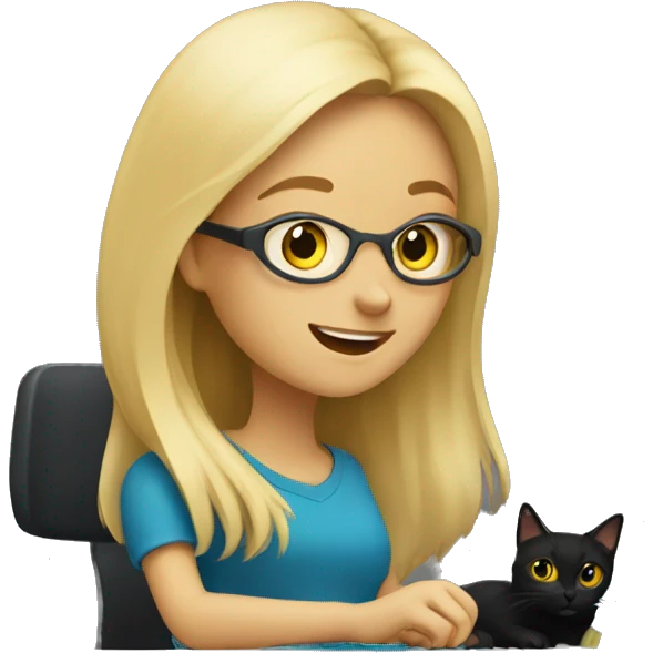 A long haired blonde girl designing an interface with a black cat emoji