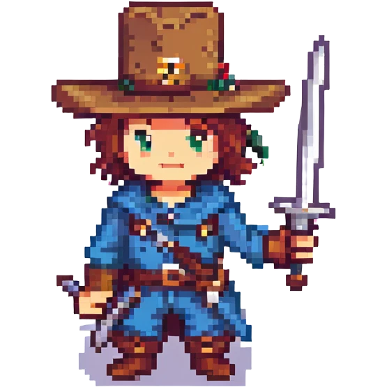 musketeer, pixel art style, sword and hat, retro look emoji