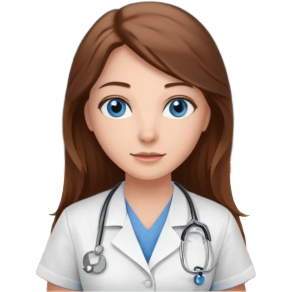 inside a classroom at university that says nursing school on the board with a pretty female nursing student with long brown hair, blue eyes emoji