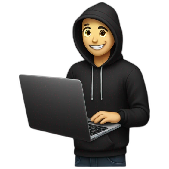 eyes-closed-laughing-male-with-regular-skin-and-blue-eyes-wearing-black-beanie-and-black-hoodie-and-holding-a-laptop-not-full-body-shot emoji