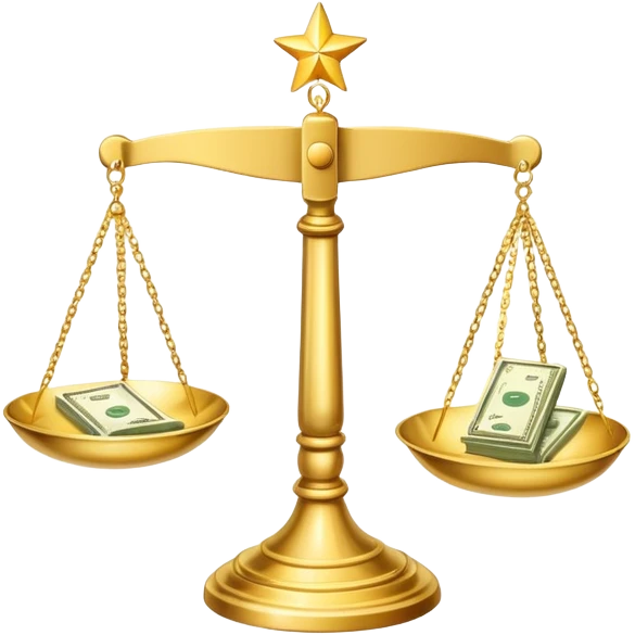 A shiny gold balance scale with dollar bills on the left side and three stars on the right side emoji