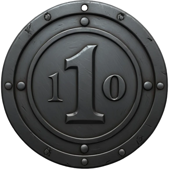 Minimal emoji, gothic metal coin made of black steel, engraved number 1 at the center, ancient industrial aesthetic, worn metal texture, no glow, no neon, flat emoji design, centered, transparent background emoji