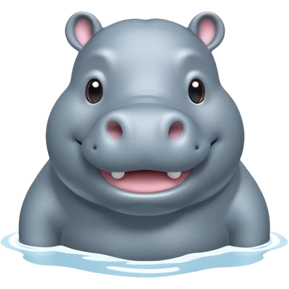A 3D cartoon hippopotamus half-submerged in water, smiling gently, soft lighting, rounded body and glossy texture, cute Memoji-style look.Full body. emoji