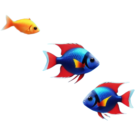 Colorful aquarium fish swimming gracefully in a crystal-clear tank. Brightly colored fish, like neon tetras, angelfish, and bettas, glide past vibrant coral, plants, and rocks. Soft light filters through the water, creating a peaceful, serene atmosphere. Transparent background. emoji