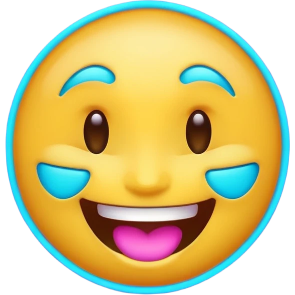 glowing emoji face laughing, purple and cyan neon light, dark background emoji