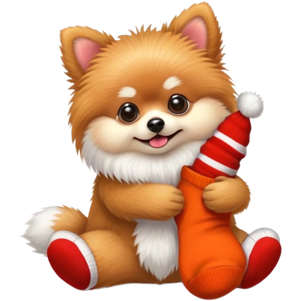A Pomeranian with sock monkey toy emoji