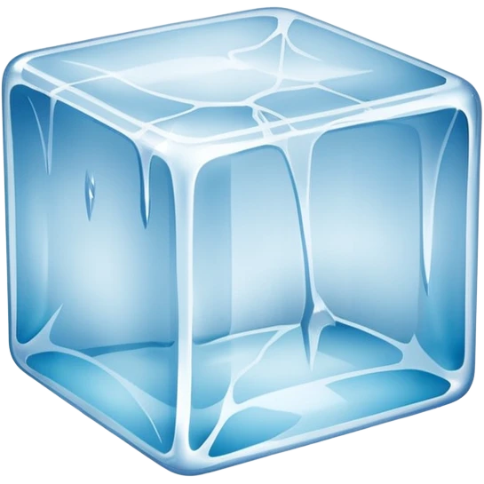 A single transparent ice cube on a clean white background, with realistic reflections and refractions. The ice cube has visible cracks and textures inside, slightly melting on the surface. Studio lighting, high detail, macro photography style. emoji