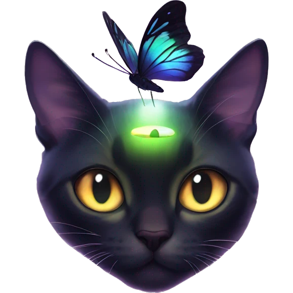 Dark iridescent butterfly glowing on top of cats head  emoji