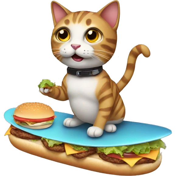 Cat holding a burger while surfing emoji