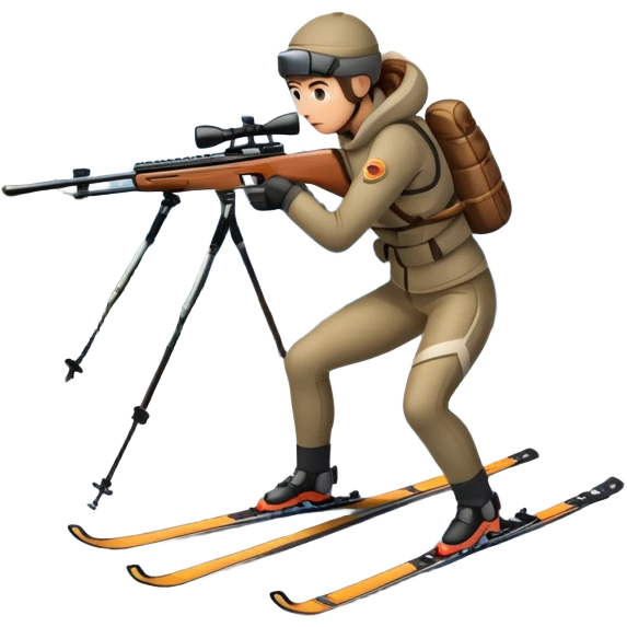 An icon showing a snowy landscape with pine trees, mountains, and a clear sky with a biathlete aiming a rifle in the foreground, wearing winter gear and skis. Transparent background emphasizes the precision, endurance, and beauty of this winter sport. emoji