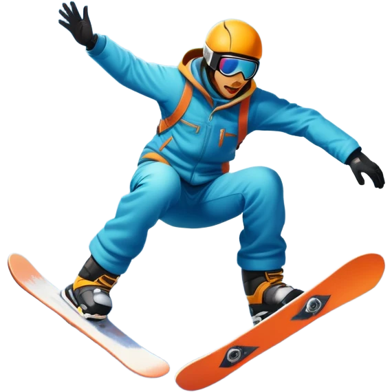 An icon showing a snowboarder performing an exciting jump on a snow-covered slope. The background features towering mountains, snow-covered trees, and a bright, clear sky. Transparent background highlights the speed, agility, and thrill of snowboarding. emoji
