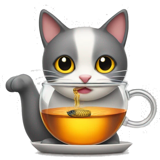 cat sipping tea from kettle with fish in its hand emoji