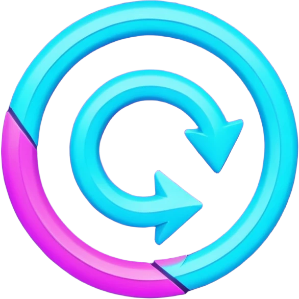 Circular loop arrow in Virtuosa style: smooth rounded shape forming a full loop, neon blue (#00A9F4) and violet (#9A1AFF) glow, futuristic 3D look, friendly and modern. No text. Full background. emoji