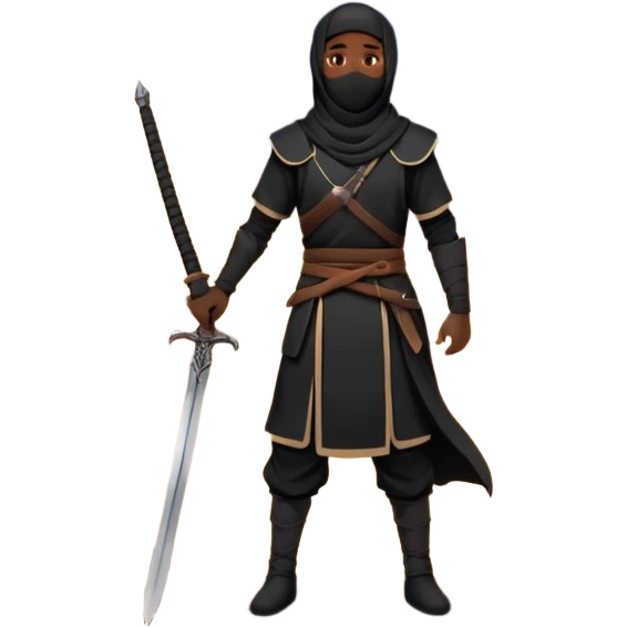 Emoji of a Muslim warrior silhouette standing on a hill at sunrise holding a lowered sword in calm control, crescent moon in the sky, symbolising locking in, discipline, and a new beginning through faith. Bold minimalist vector, transparent background. emoji