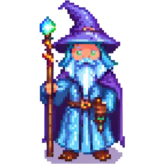 Add a magical glowing aura around the wizard bean holding a staff in pixel art style with no background. emoji