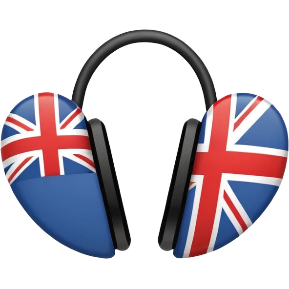Minimalistic flat vector icon, iOS style, thin black contour on white background. Ear icon with sound waves and small UK/USA flag symbol. Clean, no text, no shadows emoji