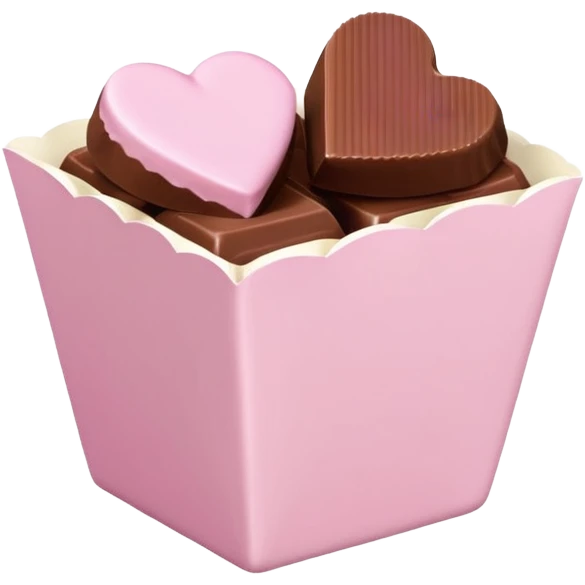 Two square milk chocolate , Each praline is a sharp-edged cube with smooth glossy chocolate coating, placed in a small white fluted paper candy cup. On top of each cube is a flat pastel pink heart-shaped icing emoji