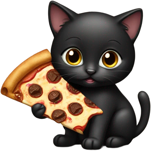 A black kitten eating a slice of chocolate pizza emoji