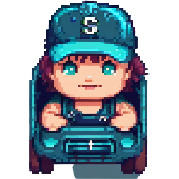 cute dump truck in navy blue and teal green, wearing a Mariners baseball cap, pixel art style, angled front view, playful pose emoji