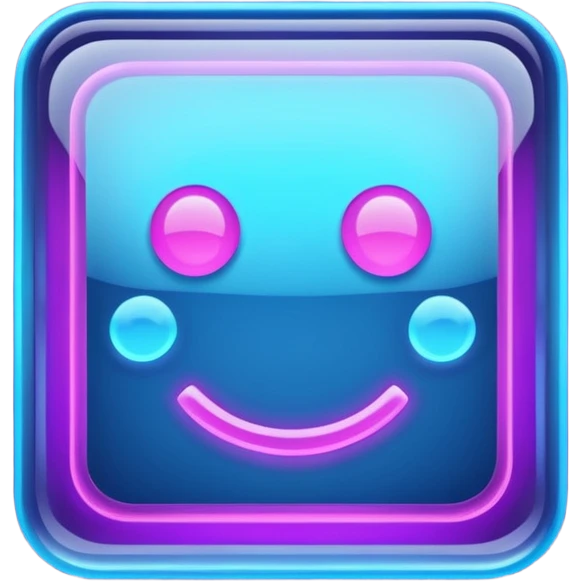 A glowing neon square in shades of blue and purple, transparent background, no face emoji