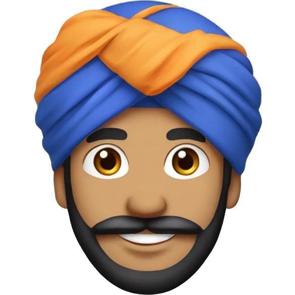 Cheerful Sikh man emoji with a blue turban, friendly smile, kind eyes, black beard, minimalistic cartoon style, plain background. emoji