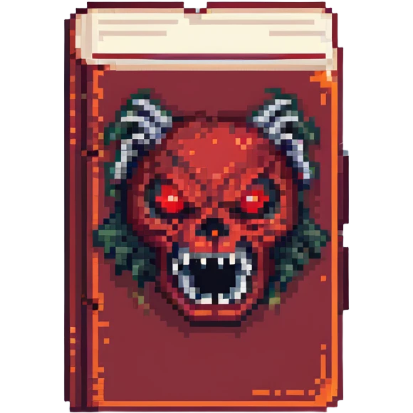 Make the red cursed book look even more evil with sharp teeth, glowing red eyes, and dark energy. Pixel art style with no background. emoji