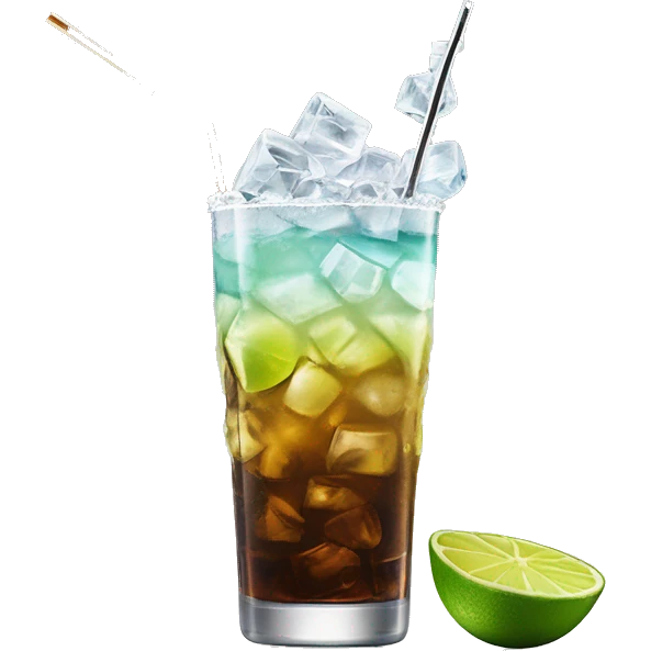 a tall and thin highball cocktail with 2 colors, brown on the bottom and light yellow on top with crush ice and a straw, juste one drink, clear separation between colors, grated lime on top of ice, really thin crushed ice emoji