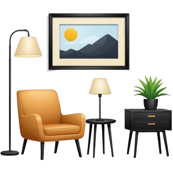Minimalistic flat vector icon, iOS style, thin black contour on white background. Floor lamp and chair next to a framed picture on wall. Clean, no text, no shadows emoji