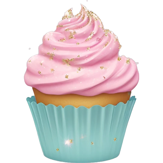 Cupcake Emoji "A pastel pink cupcake with swirled frosting, topped with tiny glittery hearts and a magical sparkle hovering above." emoji