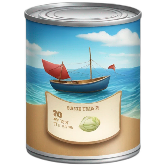 realistic can of tuna fish sowing the shape of a sailling boat on a sea background emoji