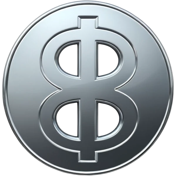 A double dollar sign emoji made of polished silver chrome, smooth metallic surface, glossy reflections, luxury swag vibe, minimal iOS emoji style, centered on white background emoji