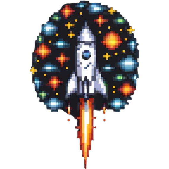 A retro pixel art style space rocket with bright colors and stars around it emoji