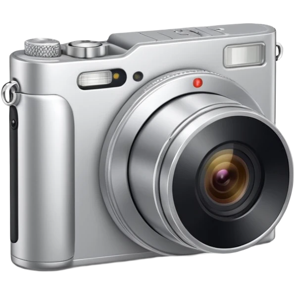 compact fully silver digital camera with a circular extended lens, metallic finish, small built-in flash and minimal buttons. from a slight 45 degreee angle emoji